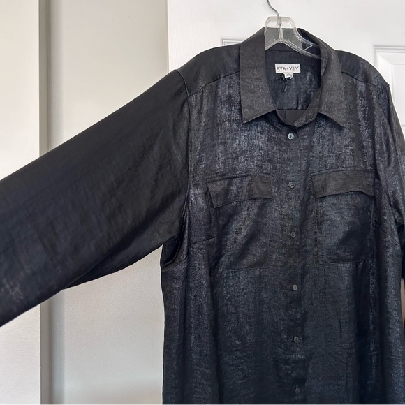 ❤️MAKE OFFER❤️ Shiny Black Long Sleeve Shirt Dress Maxi Tunic Plus Ava Viv 1X - Picture 7 of 9